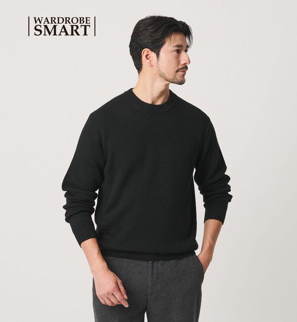 BEAUTY&YOUTH UNITED ARROWS「【WEB限定 WARDROBE SMART】マシーンウォッシャブル ウールミックス アゼ クルーネック」|ニット・セーター|BLACK