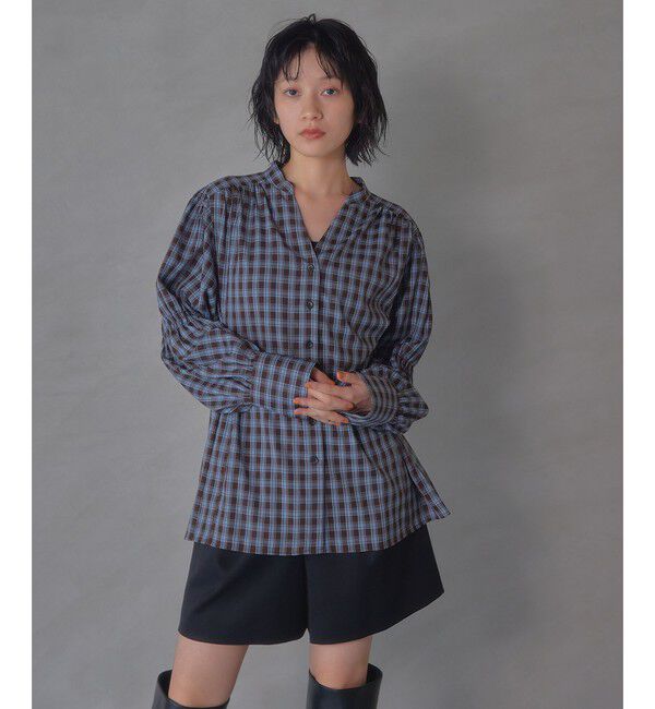 EMMEL REFINES「＜EMMEL REFINES＞EM ソデギャザー キーネック チェックシャツ」|シャツ・ブラウス|DK.BROWN
